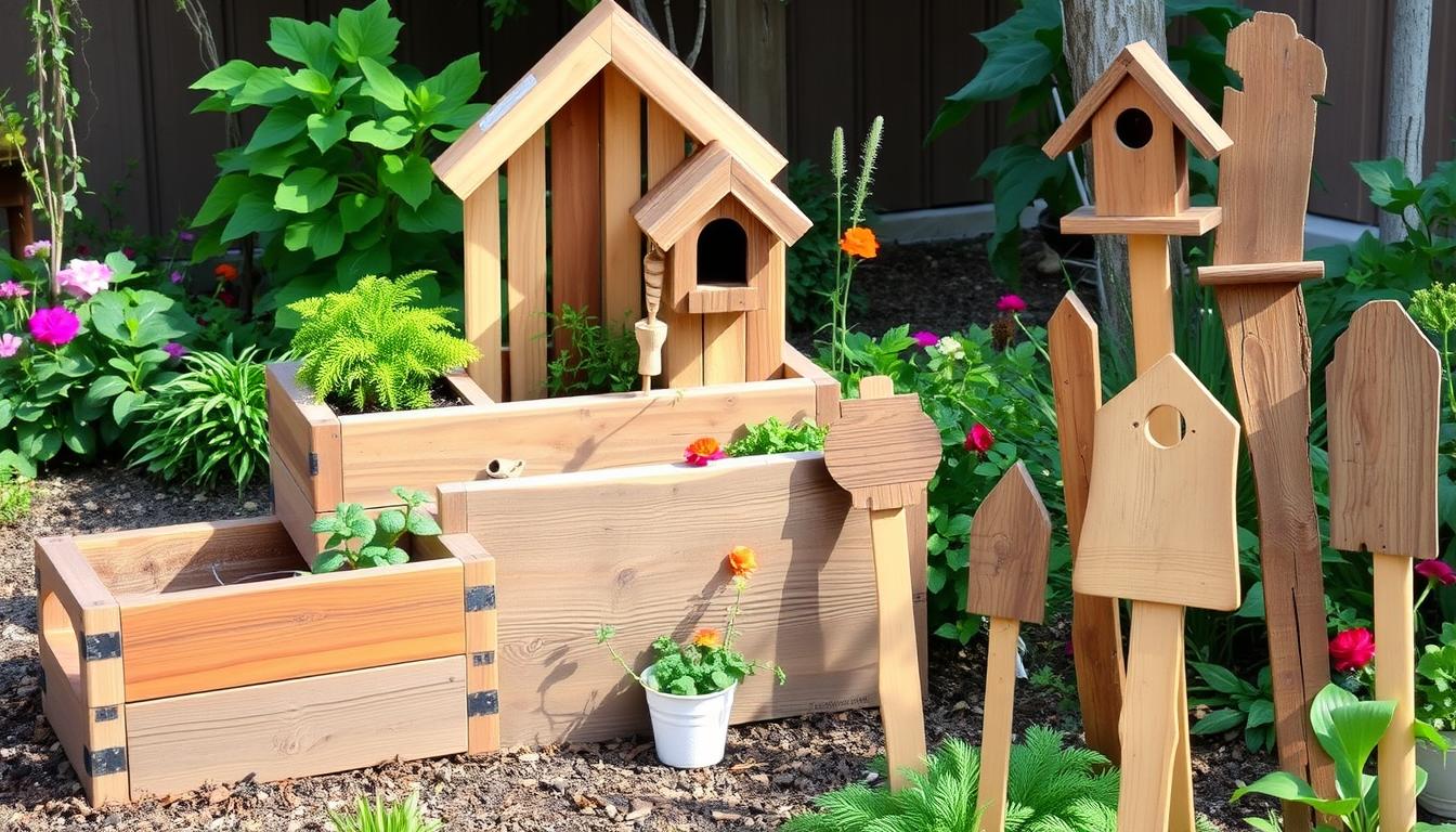 Collection of outdoor scrap wood projects including planter box, bird house, and garden markers