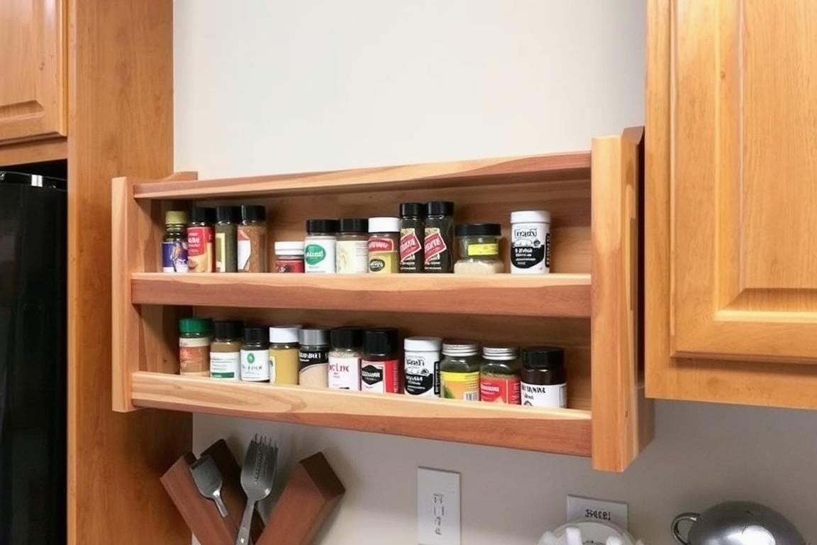 DIY wooden spice rack made from scrap wood mounted on kitchen wall