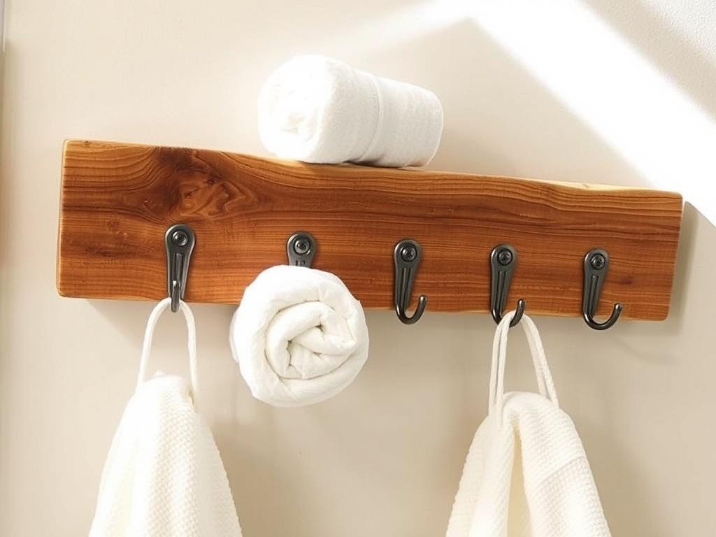 Rustic bathroom towel rack made from scrap wood with metal hooks
