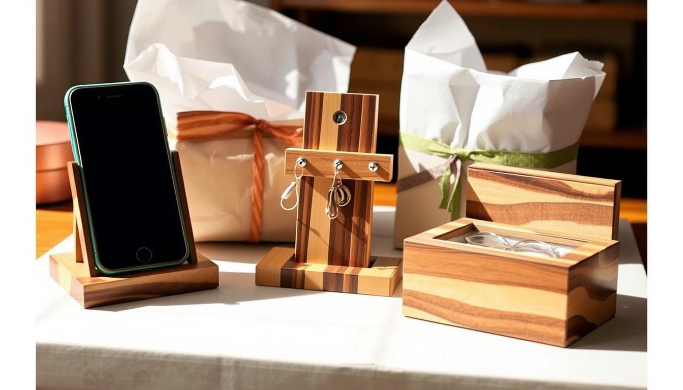 Collection of gift ideas made from scrap wood including phone stand, jewelry holder, and small box