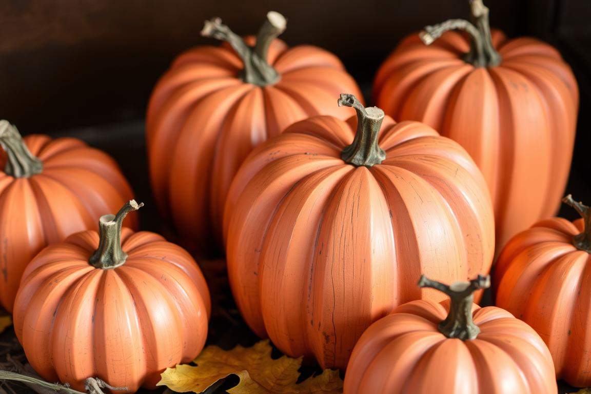Set of wooden pumpkins in various sizes made from scrap wood blocks