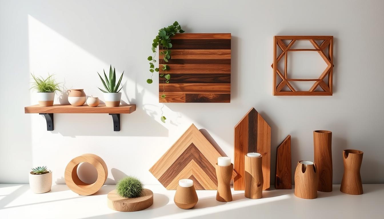 Collection of scrap wood home decor projects including floating shelves, wall art, and candle holders