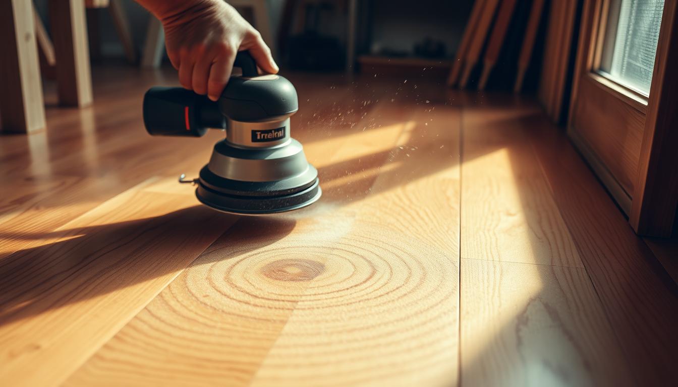 sanding hardwood with orbital sander
