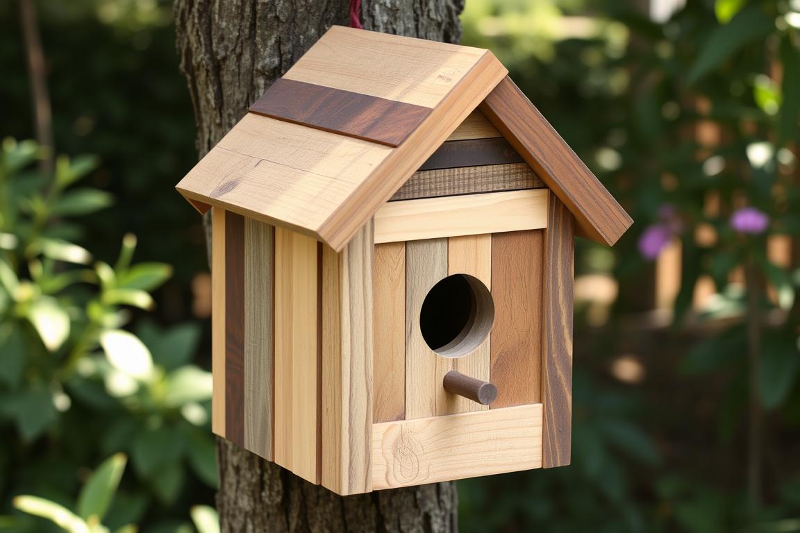 Rustic birdhouse made from scrap wood pieces with unique roof design