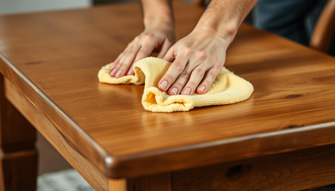 Person cleaning and polishing oak wood furniture