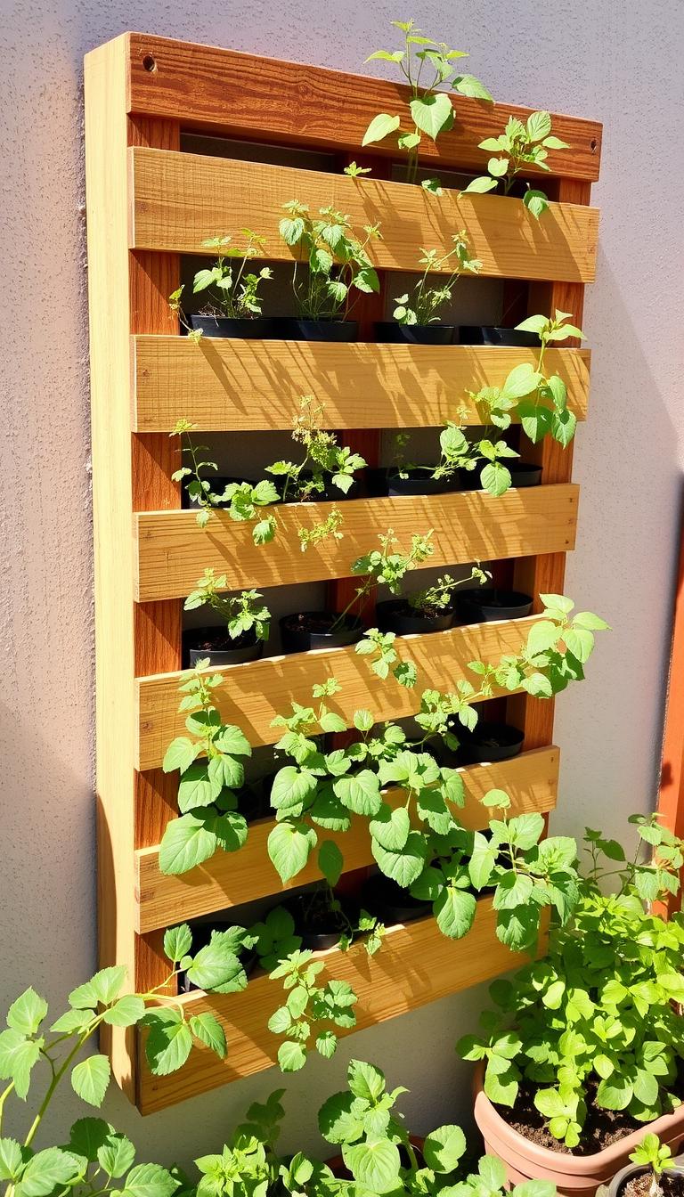 Vertical pallet garden planter with various herbs and small plants growing from it