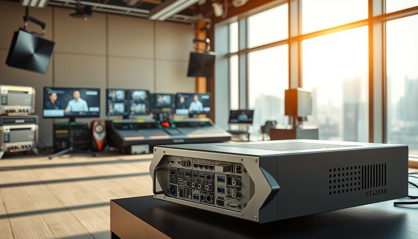 A professional, high-quality IPTV encoder hardware station in a well-lit modern studio setting. In the foreground, the encoder device is prominently displayed, its sleek metallic chassis and array of input/output ports clearly visible. In the middle ground, various supporting equipment like video switchers, audio mixers, and networking gear are neatly arranged. The background features floor-to-ceiling windows overlooking a cityscape, bathing the scene in warm, natural lighting. The overall atmosphere conveys a sense of technical expertise, precision, and broadcasting excellence.