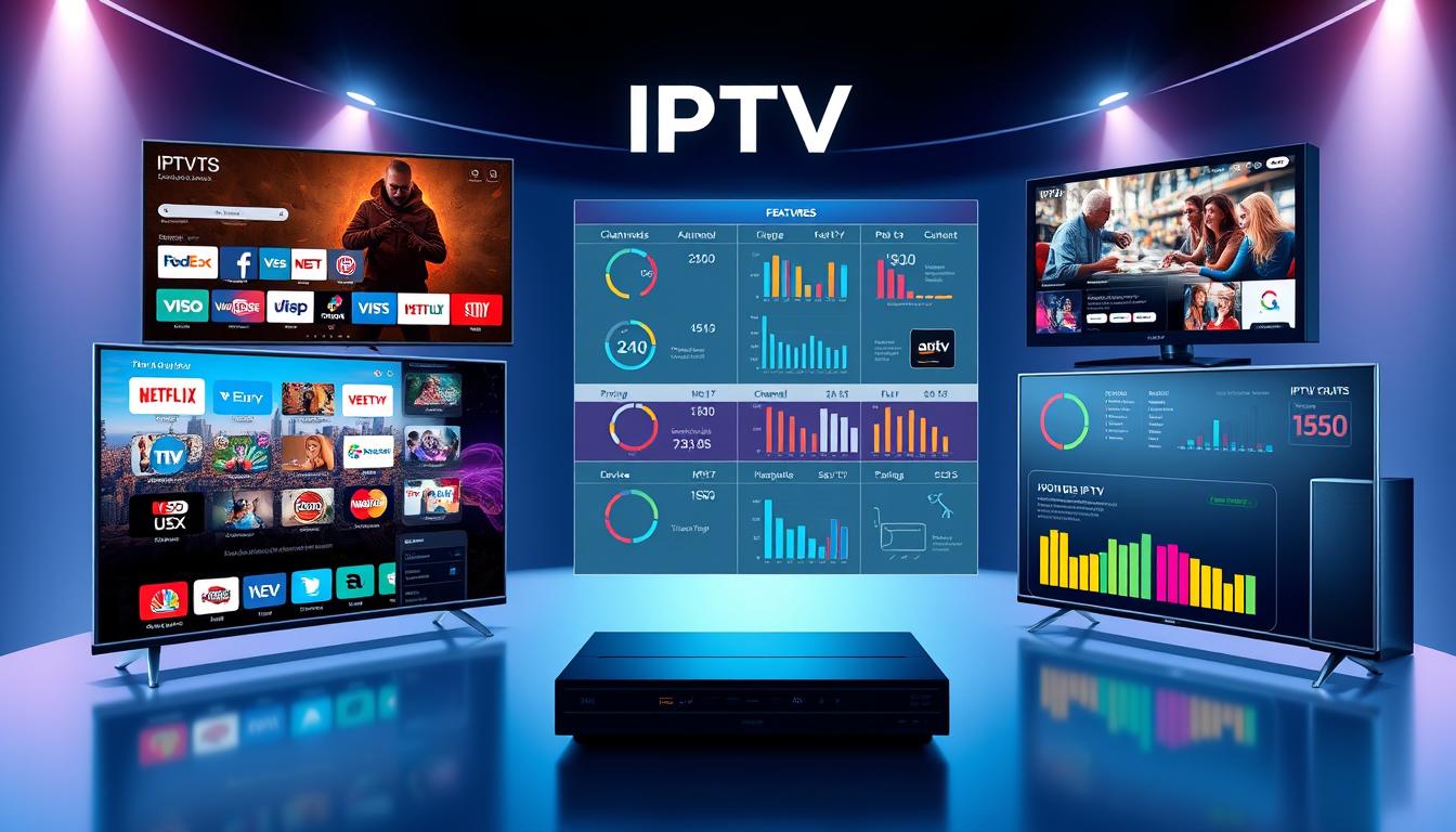 A highly detailed and visually striking comparison of leading IPTV services, showcasing their key features and offerings. The foreground displays sleek, modern user interface mockups of the IPTV platforms, highlighting their live TV channels, on-demand content, and other capabilities. The middle ground features dynamic infographic-style elements, such as charts, graphs, and icons, providing at-a-glance comparisons of pricing, channel lineups, device compatibility, and other crucial metrics. The background evokes a minimalist, high-tech ambiance with clean lines, subtle gradients, and a cool color palette to reinforce the professional, informative nature of the image. Careful attention is paid to lighting, angles, and composition to create a cohesive, visually compelling illustration that effectively conveys the "Understanding IPTV Services and Free Trials" section of the article.