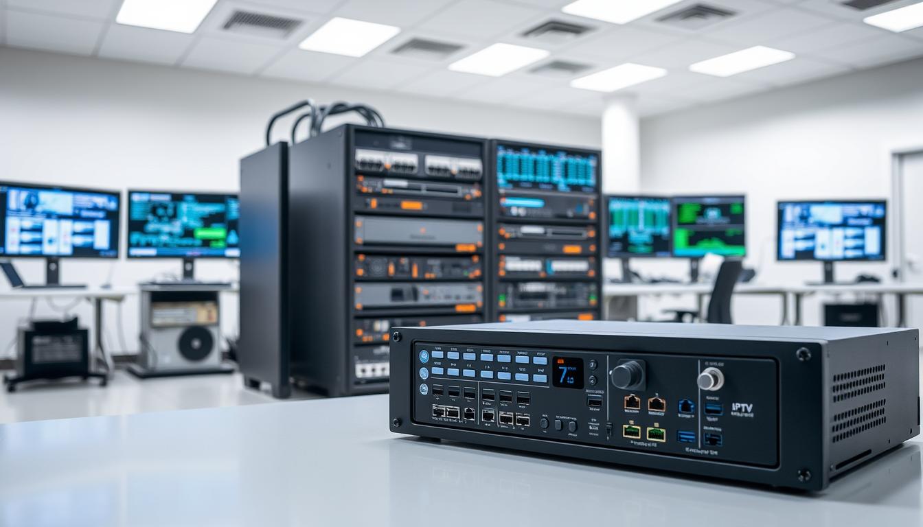 A state-of-the-art IPTV encoder system situated in a modern, well-lit technology lab. In the foreground, a sleek black encoder box with various input/output ports and display panels. In the middle ground, a rack of interconnected hardware components like video processors, network switches, and cooling systems. The background features a clean, minimalist workspace with monitors displaying real-time data and schematics. The scene conveys a sense of precision, efficiency, and the cutting-edge nature of IPTV encoding technology.