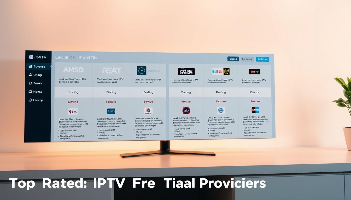 A sleek, modern dashboard display showcasing a comparison of top-rated IPTV free trial providers. In the foreground, neatly arranged icons and logos of leading IPTV services, each with concise details on pricing, channel selection, and features. The middle ground depicts an interactive grid layout, allowing users to easily compare and contrast the offerings. The background is a soft, minimalist design with subtle gradients, conveying a sense of professionalism and clarity. Warm, balanced lighting casts a clean, inviting atmosphere, guiding the viewer's attention to the key information. The overall composition is visually appealing, striking a balance between informative and visually striking, suitable for inclusion in the "Top Rated IPTV Free Trial Providers" section of the article.
