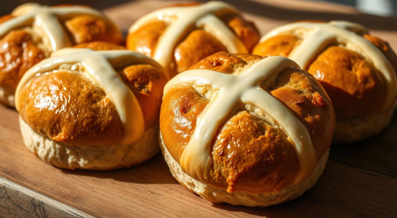 A mouth-watering closeup of freshly baked hot cross buns, featuring a golden-brown crust with a delicate cross piped on top in a creamy white icing. The buns are arranged on a rustic wooden surface, casting warm shadows under soft, natural lighting. The scene exudes a cozy, homely atmosphere, inviting the viewer to imagine the rich, spiced aroma and pillowy-soft texture of these traditional Good Friday treats.