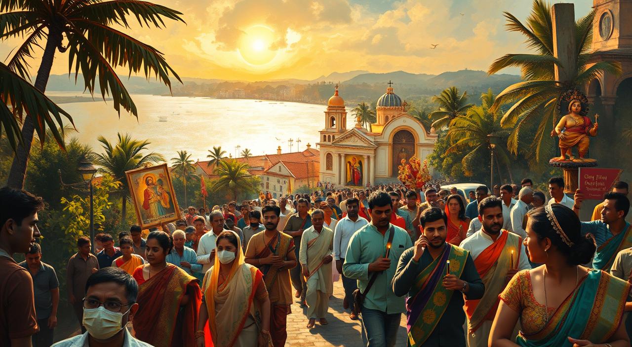 A vibrant celebration of Good Friday in Goa, capturing the essence of the local festivities. In the foreground, a colorful procession winds through the streets, adorned with intricate banners and religious icons. Devotees in traditional attire carry candles and participate in solemn rituals, their faces illuminated by the warm, golden light of the setting sun. In the middle ground, the iconic churches of Goa stand tall, their architectural grandeur a testament to the region's rich cultural heritage. The background is a tapestry of lush, verdant landscapes and the sparkling waters of the Arabian Sea, creating a serene and picturesque setting for this sacred celebration.