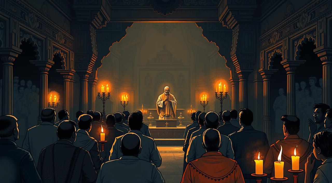 A serene, intricate illustration of the traditional Good Friday observances in India. A dimly lit temple interior, with ornate carvings and intricate architectural details. In the foreground, a group of worshippers engaged in solemn prayer, their expressions reverent and contemplative. Candles flicker, casting a warm, spiritual glow. In the middle ground, a priest performs a ceremony, his robes flowing gracefully. The background is filled with the silhouettes of worshippers, creating a sense of community and devotion. The scene is infused with a sense of timelessness, honoring the rich cultural heritage of this sacred day.