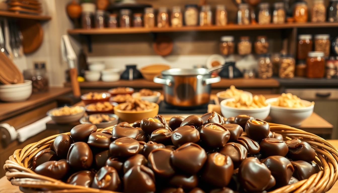 A cozy, well-lit kitchen filled with homemade candy-making tools and ingredients. In the foreground, a basket overflows with freshly made chocolate-covered caramel turtle candies, their shiny surfaces reflecting the warm lighting. In the middle ground, a wooden table holds a large pot of simmering caramel, surrounded by bowls of nuts, chocolate, and other toppings. The background features shelves stocked with jars of homemade confections, the rich colors and textures creating an inviting atmosphere. Soft, diffused lighting casts a golden glow, emphasizing the care and craftsmanship of homemade candy production.