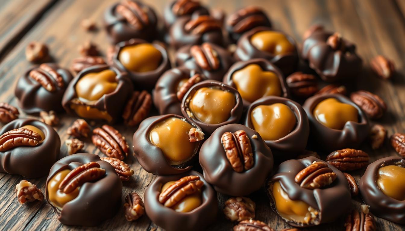 A tempting array of homemade turtle candies, artfully arranged on a rustic wooden surface. The golden caramel centers are enveloped in rich chocolate, with a scattering of crunchy pecans adding textural contrast. Varying shapes and sizes suggest playful iterations on the classic recipe - some round, some rectangular, each bite-sized morsel a delightful surprise. Soft, diffused lighting casts a warm, inviting glow, accentuating the candies' lustrous sheen. The composition is balanced, drawing the eye to the center of the frame where the candies take center stage. An atmosphere of cozy indulgence and homespun craftsmanship pervades the scene, inviting the viewer to imagine the care and attention that went into their preparation.