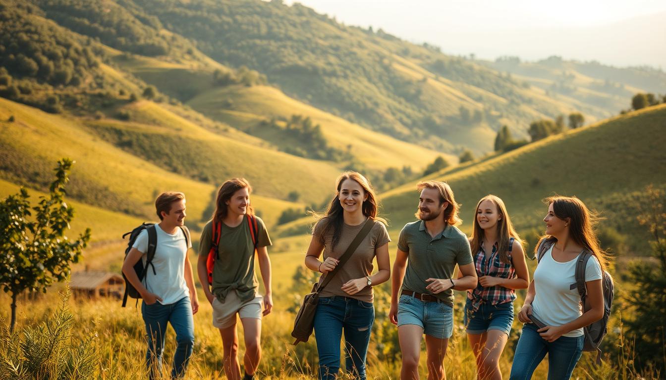 A group of young people in a serene rural landscape, surrounded by rolling hills, lush greenery, and a warm golden light. The subjects are casually dressed, relaxed, and engaged in simple outdoor activities like hiking, picnicking, or chatting. The image conveys a sense of tranquility, connection with nature, and an escape from the bustle of city life. The composition is balanced, with the foreground featuring the central figures, the middle ground showcasing the picturesque countryside, and the background hinting at distant mountains or a clear sky. The lighting is soft and diffused, creating a warm, nostalgic atmosphere that invites the viewer to imagine the simple pleasures of a life in the countryside.