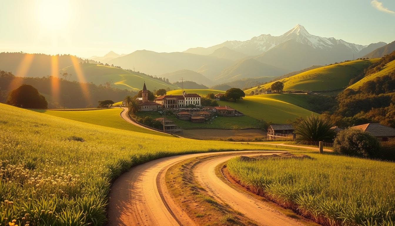 A tranquil, sun-drenched countryside scene depicting the preferred destinations of young Brazilians fleeing the bustle of big cities. In the foreground, a winding dirt road leads past vibrant green fields dotted with wildflowers. In the middle ground, a charming hillside village nestled among lush rolling hills, its rustic houses and quaint cafes beckoning with a sense of peaceful solitude. The background features a majestic mountain range, its snow-capped peaks glowing in the warm golden light of the setting sun, creating a serene and picturesque landscape. The overall mood is one of calm, natural beauty, and the promise of a simpler, more fulfilling way of life.