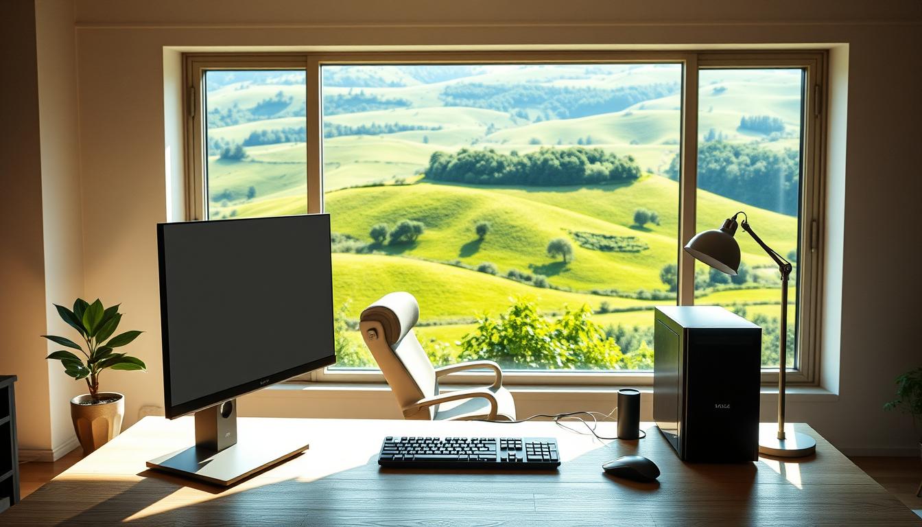 A modern, minimalist interior with a large window overlooking lush, rolling hills in the distance. Sunlight streams in, creating a warm, inviting atmosphere. In the foreground, a sleek, technological desk setup with a high-resolution monitor, wireless keyboard and mouse, and a discreet, high-end computer tower. Carefully curated decor elements, such as a potted plant and a stylish desk lamp, add pops of organic texture and refined sophistication. The middle ground features a comfortable, ergonomic office chair, while the background showcases the natural beauty of the verdant landscape outside, blurring the lines between indoor and outdoor living. Overall, a harmonious fusion of technology and nature, embodying the freedom and possibilities of modern life in the countryside.