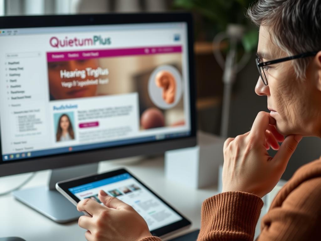 Person researching Quietum Plus information on computer