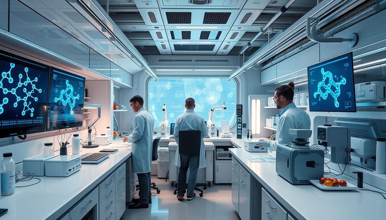 Futuristic laboratory researching advanced mitochondrial support formulations