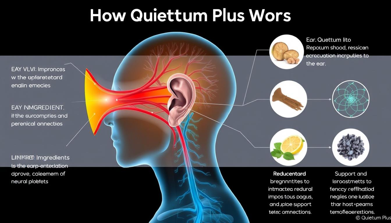 Diagram showing how Quietum Plus works to support the auditory system