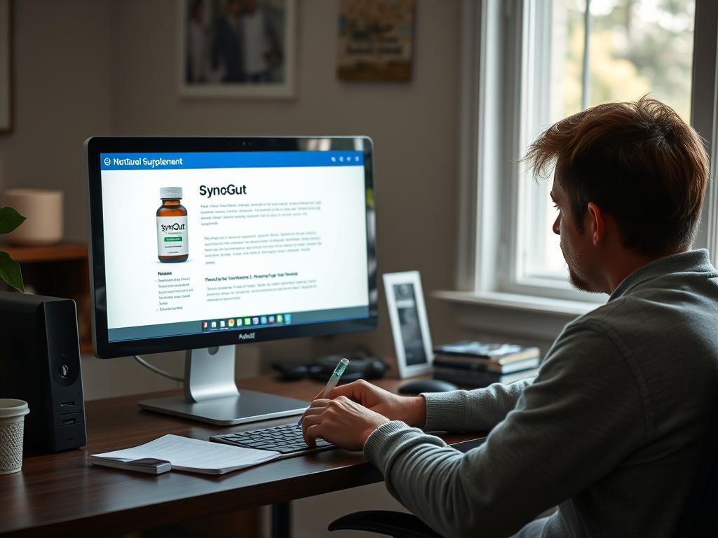 Person researching information about SynoGut supplement online