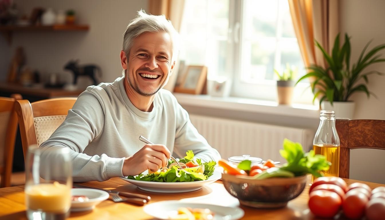 Happy person enjoying meal without digestive discomfort after taking SynoGut