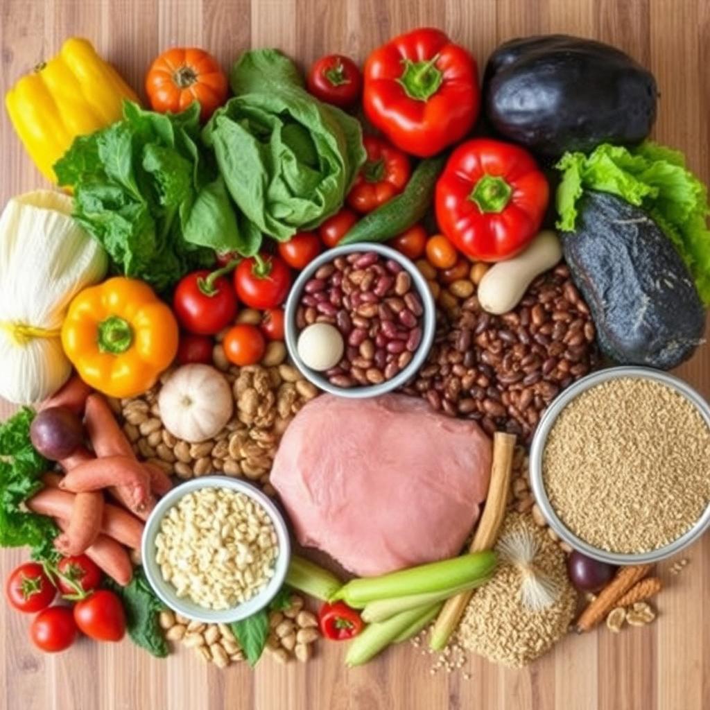 Assortment of whole foods including vegetables, fruits, and whole grains