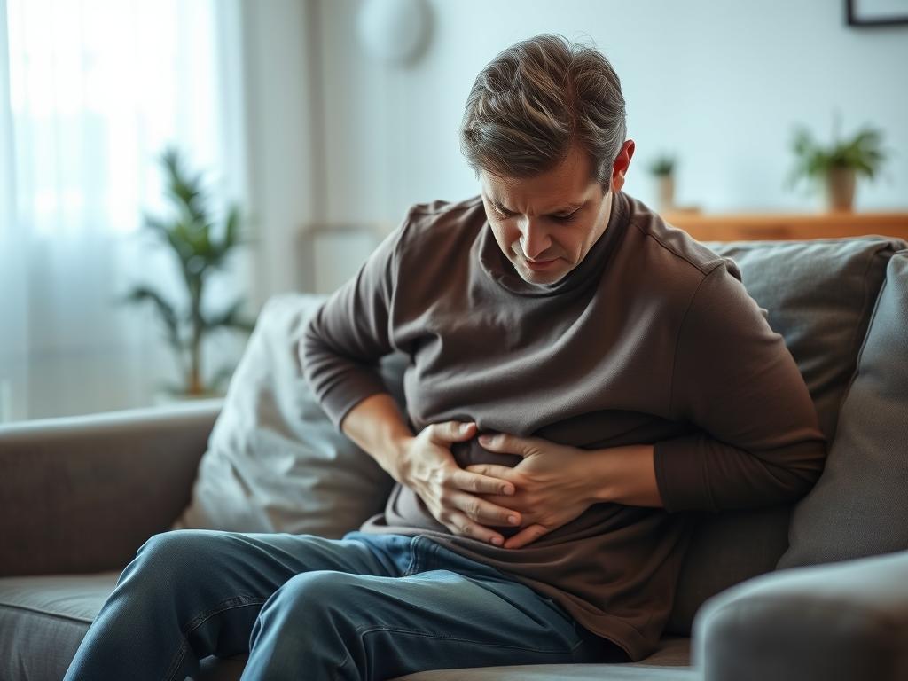 Person experiencing digestive discomfort holding stomach area