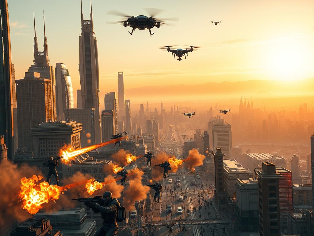 a sprawling sci-fi metropolis with towering skyscrapers and hovercar traffic, bathed in a warm golden glow of the setting sun. in the foreground, a group of elite special forces operatives engage in a high-stakes firefight, using a mix of futuristic assault weapons and cybernetically-enhanced combat abilities. explosions and plumes of smoke punctuate the scene, as the agents deftly maneuver through the urban environment. in the middle ground, civilians flee in panic, while a news drone hovers nearby, capturing the intense action. the background features distant mountains and a horizon filled with the promise of undiscovered adventures, hinting at the expansive open world waiting to be explored.