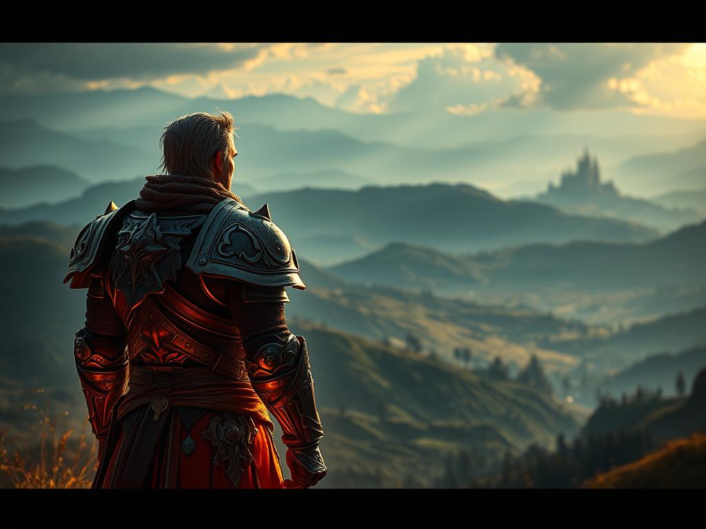 a fantastical rpg character stands triumphant, their armor gleaming in warm firelight as they gaze out over a sprawling, cinematic landscape. in the foreground, intricate costume details and expressive body language convey a sense of hard-earned power and confidence. the middle ground reveals a vast, painterly world of rolling hills, towering mountains, and a distant castle silhouetted against an ethereal sky. moody lighting casts dramatic shadows, imbuing the scene with a sense of epic adventure and heroic destiny. subtle camera angles and a cinematic depth of field draw the viewer's eye through the layered composition, inviting exploration of this immersive rpg realm.