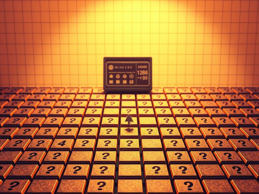 a beautifully rendered scene of a classic minesweeper game in progress. in the foreground, a grid of square tiles, some marked with numbered flags, others with question marks, creating a tactile, pixel-art-inspired look. the player's cursor hovers over a tile, poised to reveal the hidden mine or safe zone underneath. in the middle ground, a detailed interface with a timer, score, and other essential tools for gameplay. the background features a minimalist, retro-inspired setting, with a subtle grid pattern and muted color palette that evokes the timeless charm of this beloved puzzle game. warm, directional lighting casts soft shadows, heightening the sense of depth and atmosphere. captured with a crisp, clean aesthetic that showcases the game's elegant simplicity and strategic depth.