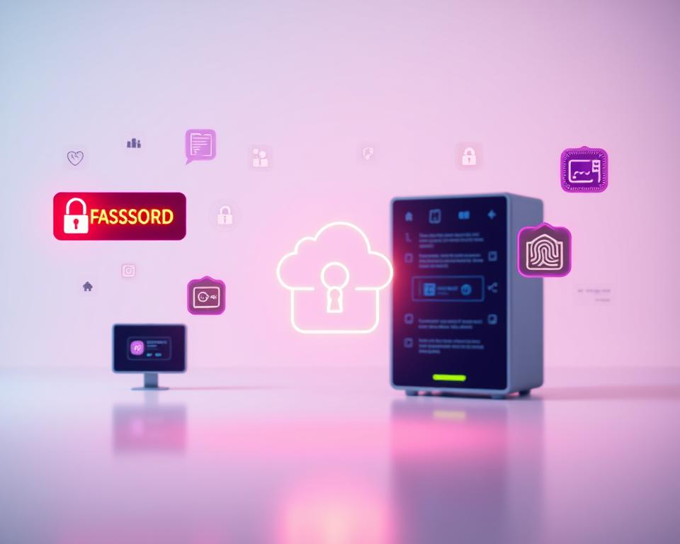 cybersecurity basics: protecting your digital life 1 vibrant digital security icons and symbols float in a clean, minimalist workspace. glowing password meter and authentication prompts hover in the foreground, while a secure cloud database and biometric scanning devices occupy the middle ground. the background is bathed in a calming gradient, conveying the importance of robust password management in the digital age. crisp, high-contrast lighting accentuates the sleek, modern aesthetic. a sense of balance and control pervades the scene, reflecting the core principles of effective cybersecurity.