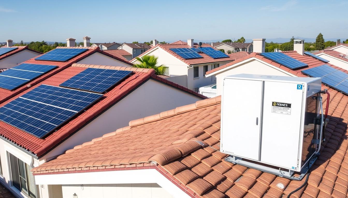 Sustainable Energy Utility solar panels on residential rooftops with battery storage units