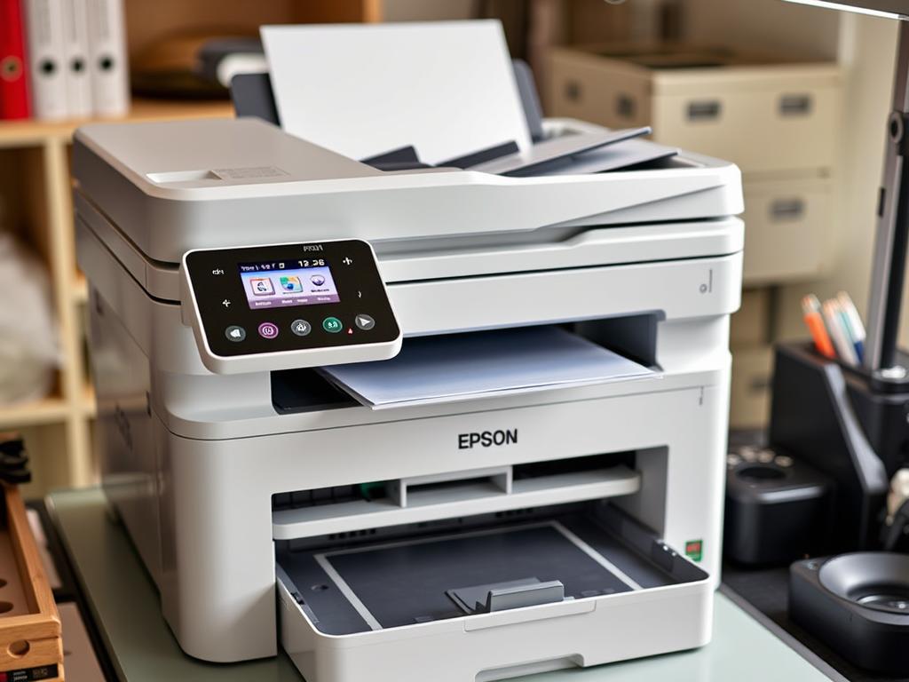 Impressora Epson WorkForce WF-2860 em ambiente de home office com tela LCD colorida