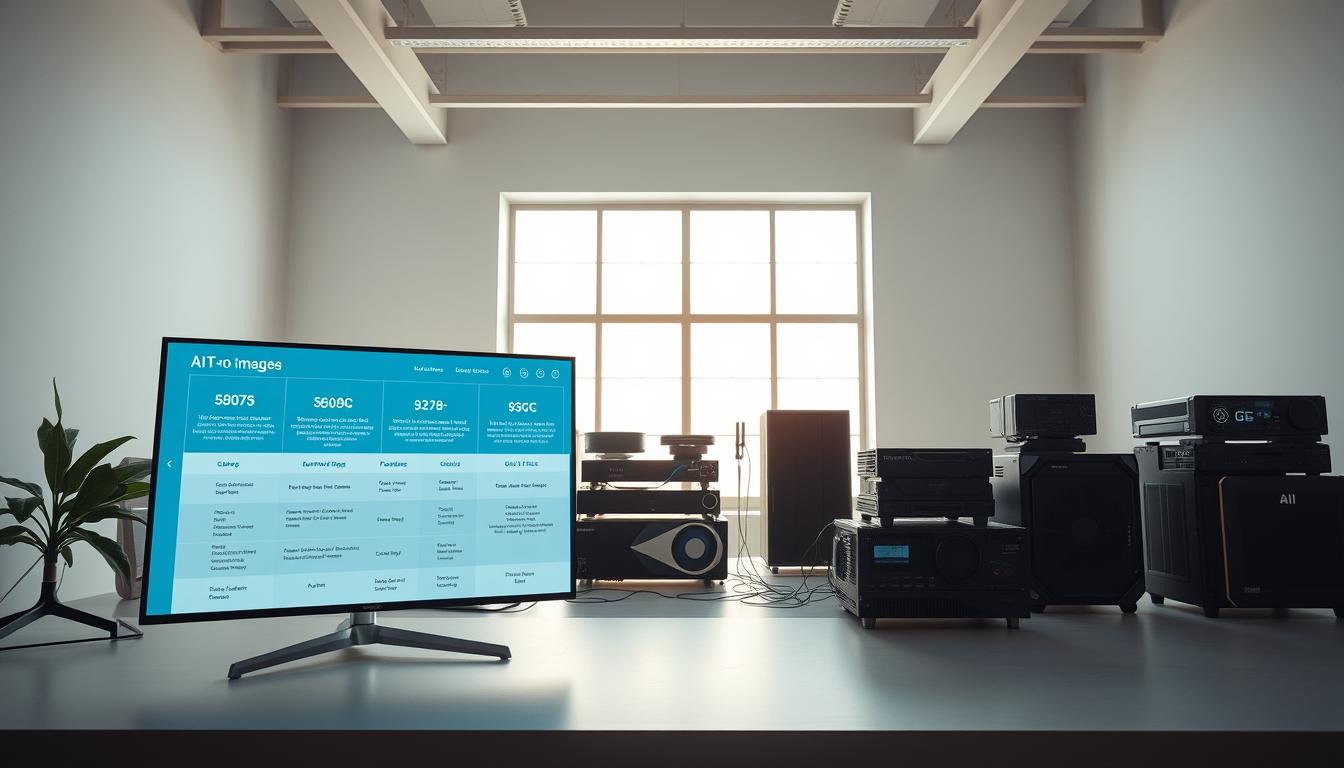 A serene, well-lit workspace showcases an array of AI generation tools. In the foreground, a sleek, high-resolution display presents a comparison of various text-to-image models, their capabilities and unique features highlighted in a clean, informative layout. In the middle ground, a collection of hardware devices, from powerful GPUs to specialized AI accelerators, stand ready to power these innovative generation tools. The background features a minimalist, airy environment, with large windows allowing natural light to filter in, creating a calming and focused atmosphere for optimization and experimentation.