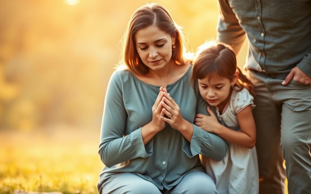 A Christian woman kneeling in prayer, surrounded by her loving family - a husband and two children, a boy and a girl. The scene is bathed in warm, golden light, creating a serene and reverent atmosphere. The woman's expression is one of deep devotion, her hands clasped in prayer as she seeks guidance from God. The family members gather close, their postures and gazes reflecting a sense of unity, faith, and mutual support. The background is softly blurred, placing the focus on the central figure and her family, symbolizing the importance of her role as a Christian woman within the family unit.