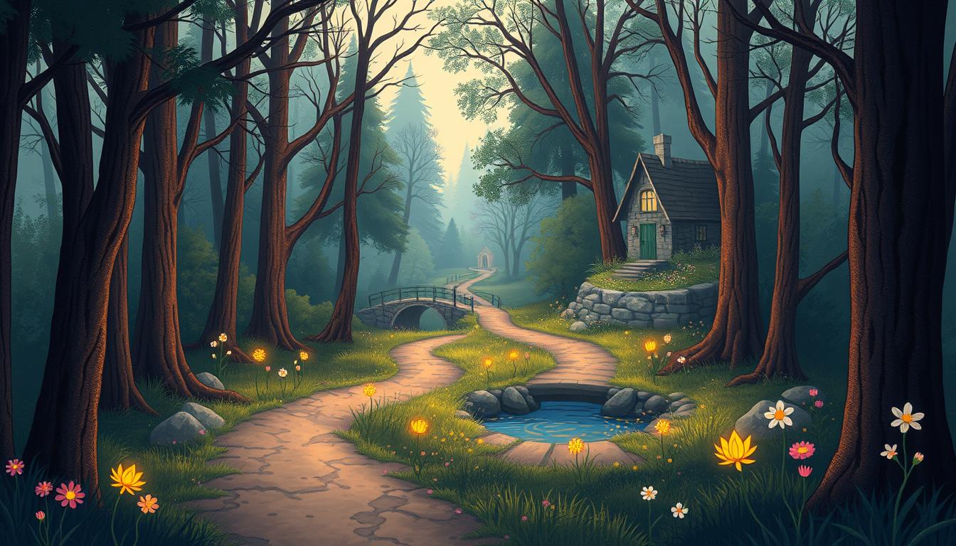 A magical forest setting for a children's story tale with symbolic elements