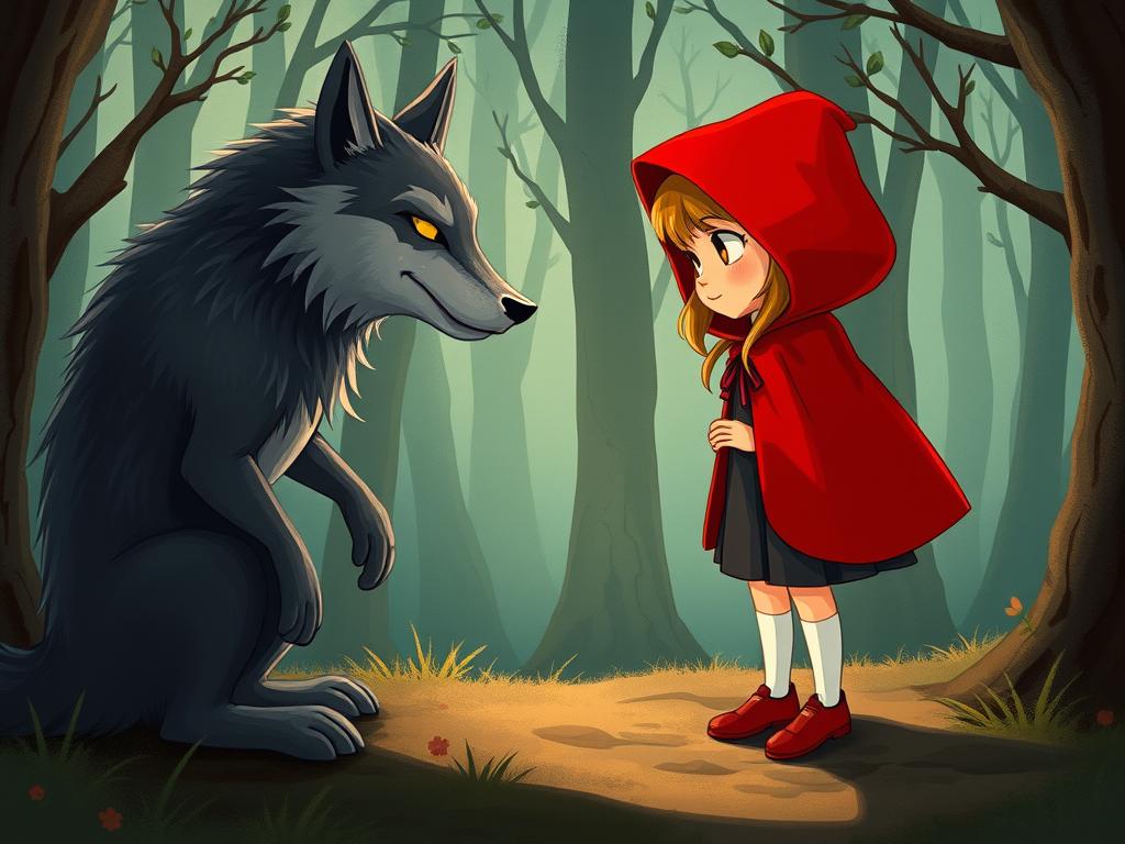 Little Red Riding Hood meeting the wolf in the forest, illustrating this classic children's story tale