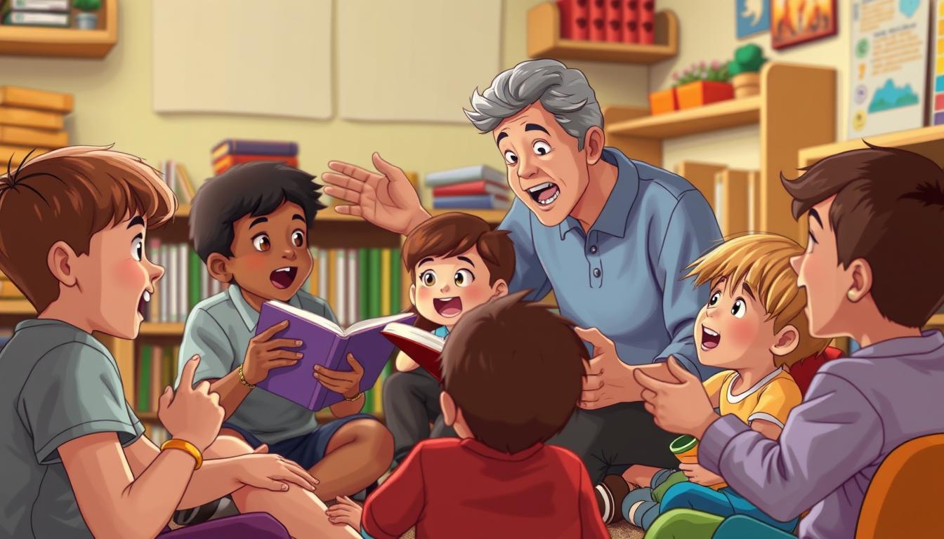 A storyteller engaging children with an animated telling of a children's story tale