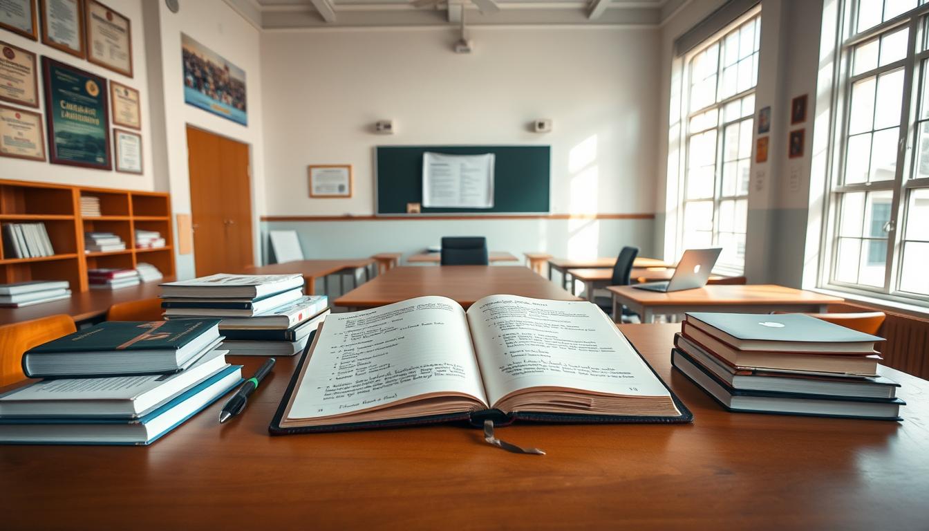 A well-lit classroom setting, with a large wooden desk at the center. On the desk, an open journal with handwritten notes and annotations, surrounded by neatly stacked textbooks, a pen, and a laptop. The walls are adorned with educational posters and diplomas, creating an atmosphere of academic focus. Soft, natural lighting filters through large windows, casting a warm glow on the scene. The overall mood is one of diligent study and thoughtful reflection, perfectly capturing the essence of a &quot;Studi Kasus Jurnal Bimbingan Belajar&quot;.