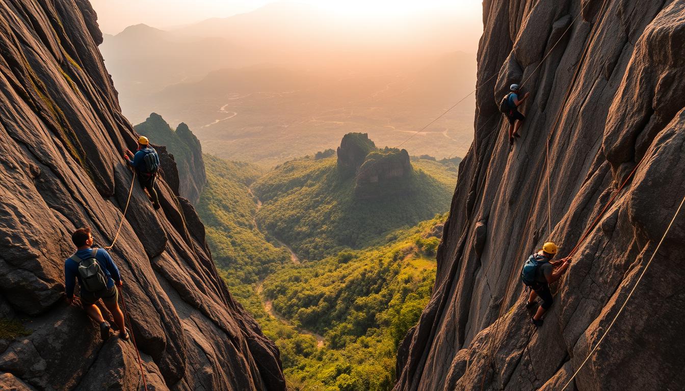 A group of adventurous climbers scaling a majestic rock face in the lush, verdant landscapes of Indonesia. In the foreground, skilled climbers carefully navigating challenging routes, their focus and determination etched on their faces. The middle ground reveals a panoramic view of the rugged terrain, with towering cliffs and winding trails leading deep into the heart of the wilderness. In the background, a tapestry of vibrant green foliage and distant peaks, bathed in warm, golden light that filters through the hazy atmosphere. A sense of exhilaration and camaraderie permeates the scene, capturing the essence of Indonesia's thriving climbing communities.