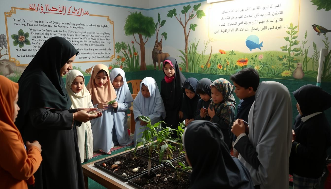 A serene Islamic school setting, with students of diverse ages and backgrounds engaged in environmental education activities. In the foreground, a group of children gathered around a teacher, examining specimens of local flora and fauna. The middle ground features students tending to a small garden, planting seedlings and watering the soil. In the background, a mural depicting Quranic verses and Islamic motifs about environmental stewardship adorns the school walls, illuminated by soft, natural lighting. The overall atmosphere conveys a sense of reverence, learning, and a deep connection between Islamic teachings and environmental preservation.