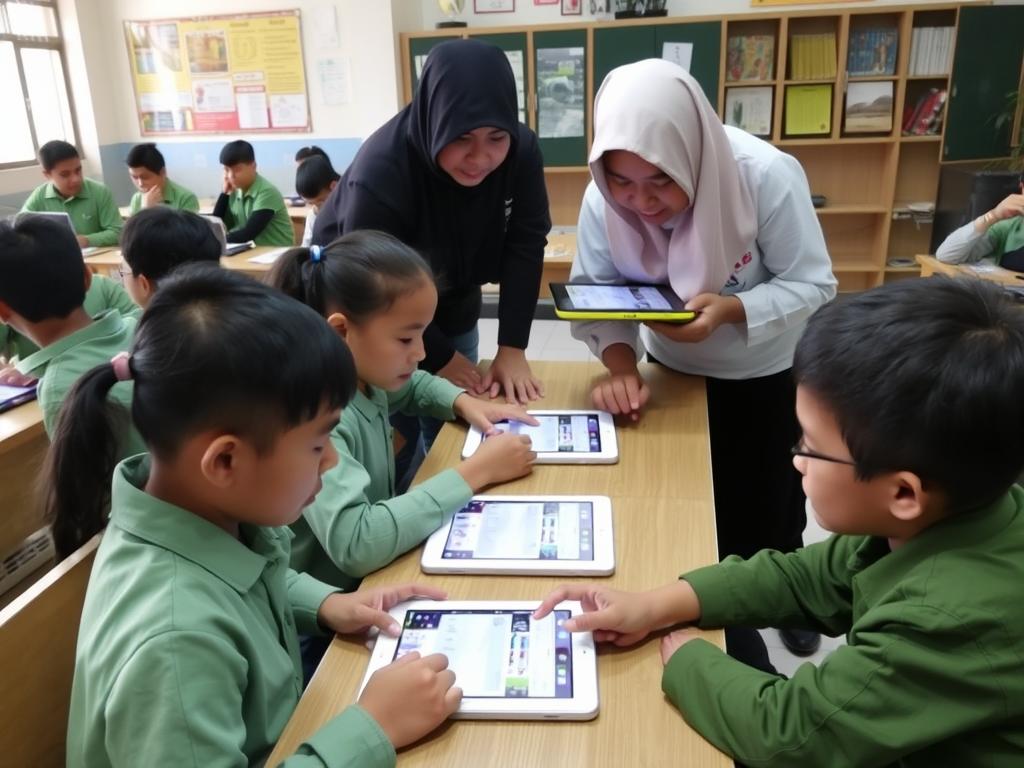 Students at SLB Negeri 1 Jakarta using adaptive e-learning tablets with specialized software