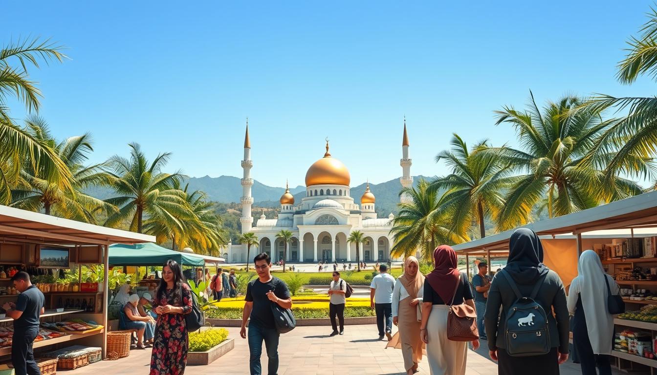 A serene scene of a modern halal tourism destination in Indonesia. In the foreground, a group of stylishly dressed travelers explore a vibrant local market, examining artisanal crafts and halal cuisine. The middle ground features a striking contemporary mosque with a gleaming golden dome, surrounded by lush palm trees and verdant gardens. In the background, rolling hills and a clear blue sky create a tranquil, picturesque atmosphere. Soft, diffused natural lighting casts a warm, inviting glow over the entire scene, capturing the essence of innovation and progress in Indonesia's halal tourism industry.
