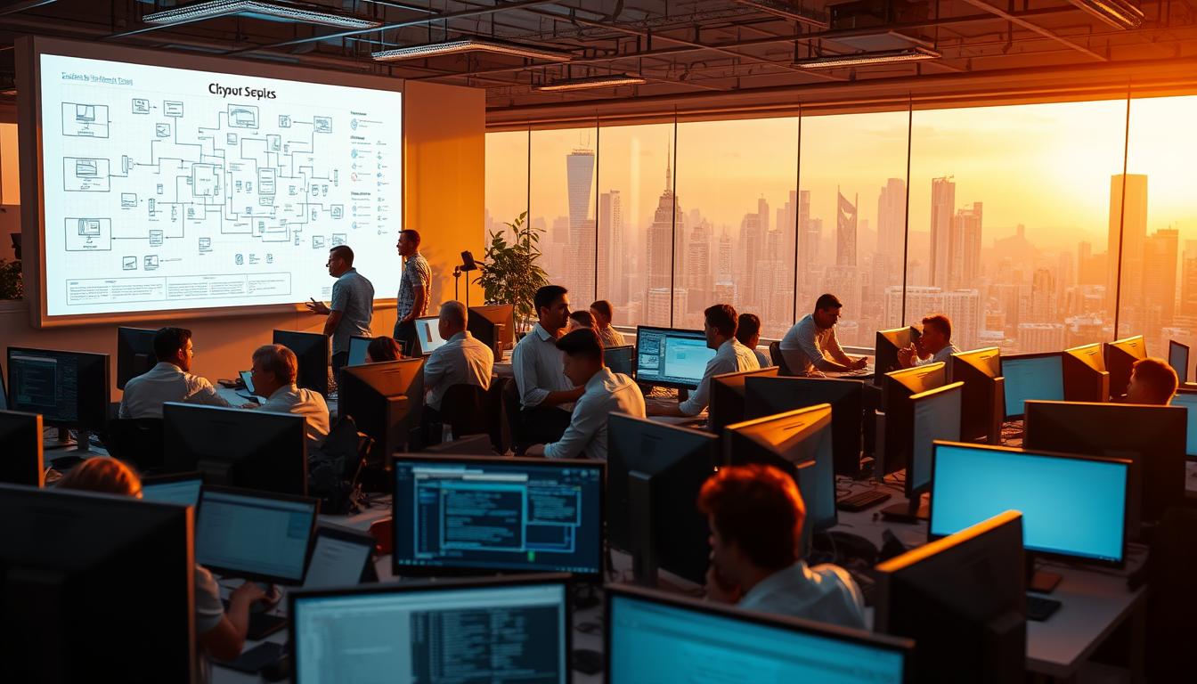 A bustling office scene with computer workstations, employees engaged in various tasks, and cutting-edge technology. The foreground features a group of professionals collaborating on a complex system diagram projected on a large display. The middle ground showcases a diverse team of IT specialists, software engineers, and system administrators working together to troubleshoot and optimize the computer network. The background depicts a panoramic view of the city skyline, representing the growing demand for skilled computer system professionals in the digital age. The lighting is warm and ambient, conveying a sense of productivity and innovation. The composition emphasizes the dynamic nature of the computer systems industry and the multitude of career opportunities it presents.