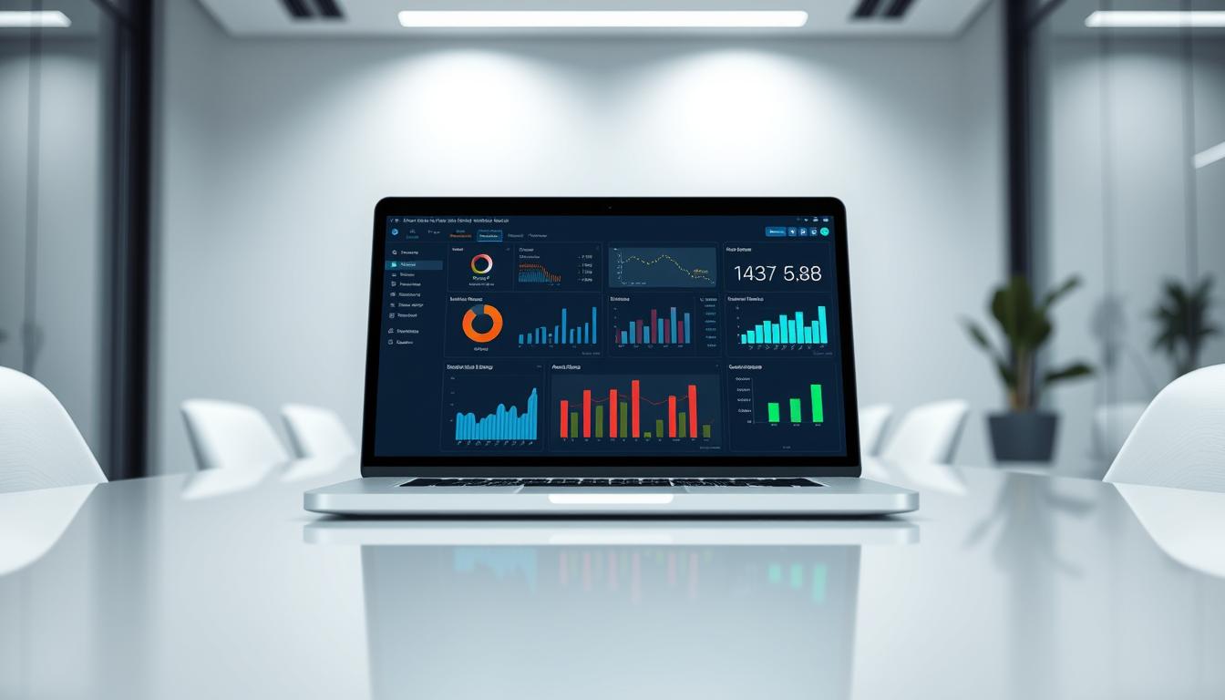 A stylish, high-resolution image of a data analytics dashboard displayed on a laptop screen in a sleek, modern office setting. The dashboard shows various charts, graphs, and data visualizations against a clean, minimalist background. Soft, directional lighting illuminates the scene, creating depth and highlighting the details of the digital interface. The composition emphasizes the analytical process, conveying a sense of thoughtful decision-making and data-driven insights. The overall aesthetic is professional, engaging, and visually compelling, perfectly suited to illustrate the "Proses Analisis Langkah demi Langkah" section of the article.