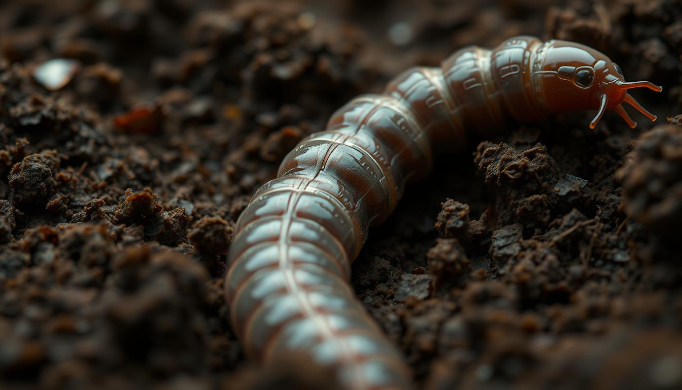 A close-up view of an earthworm's locomotion system, showcasing its intricate musculature and segmented body. The worm is slithering through rich, dark soil, its body undulating gracefully as it navigates the challenges of the subterranean environment. Soft, diffused lighting illuminates the worm's delicate structures, highlighting the subtle textures and intricate details of its anatomy. The scene conveys a sense of the worm's resilience and adaptability, as it navigates the obstacles and stresses of its underground habitat.