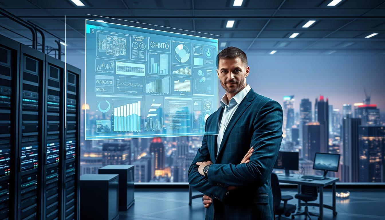 A professional system analyst standing confidently, surrounded by a futuristic digital landscape. In the foreground, a floating holographic display showcases complex data visualizations and software architecture diagrams. In the middle ground, servers and high-tech workstations hum with activity, while in the background, a cityscape of skyscrapers and tech hubs reflects the dynamic nature of the industry. Soft, indirect lighting illuminates the scene, creating a sense of sleek, modern sophistication. The overall mood conveys the intellectual rigor, analytical prowess, and technological mastery required of a skilled system analyst.