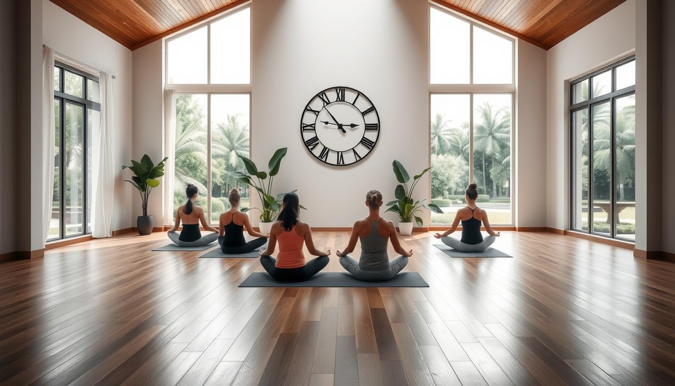 A serene yoga studio with wooden floors, large windows, and natural light filtering in. In the foreground, a group of people sitting cross-legged on yoga mats, engaged in a meditative practice. The middle ground features a calming, minimalist scene with a large, ornate wall clock and lush, verdant plants. The background showcases a peaceful garden view, with swaying trees and a tranquil pond. The overall atmosphere is one of tranquility, balance, and mindfulness, perfectly capturing the essence of the "Jadwal Latihan Yoga dan Meditasi" section.